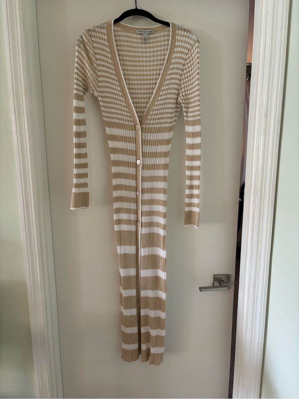 Cotton by Autumn Cashmere Ribbed Stripe Maxi cardigan/duster in Beige and White